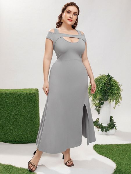 

plus cold shoulder cut out split thigh dress f39z#, Black