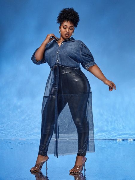 

sxy plus puff sleeve contrast mesh denim f4bi#, White