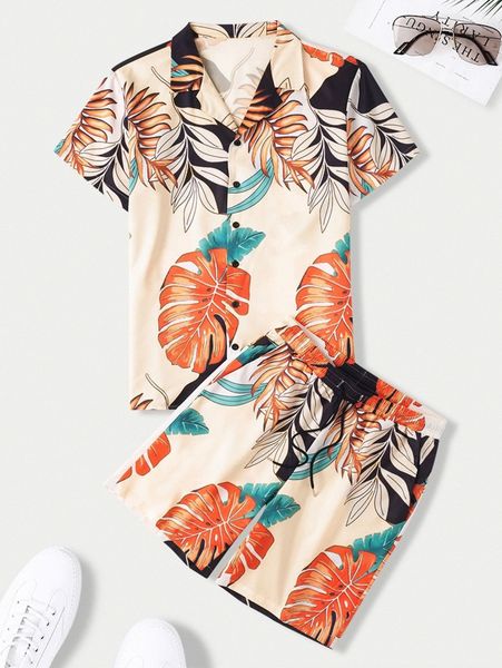 

men random tropical print shirt & shorts 06wb#, Gray