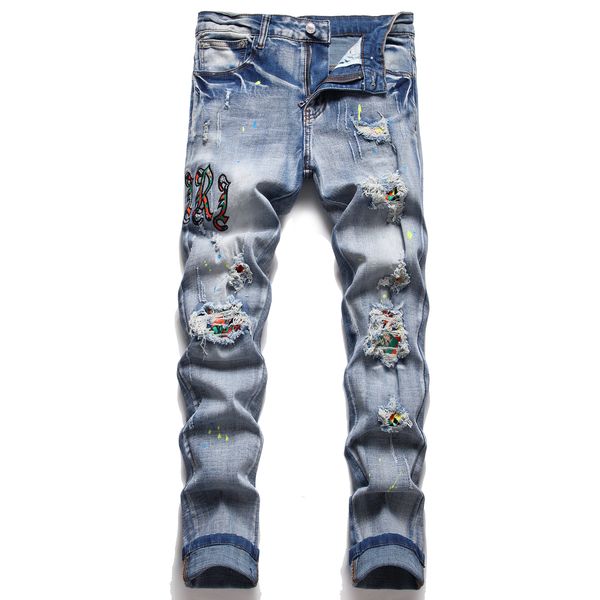 

jeans men ripped slim fit straight leg patch jean pant hip hop casual trousers summer autumn winter, Blue