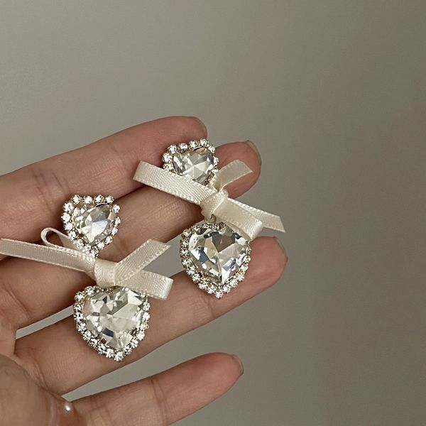 

925 silver stud rhinestone-encrusted bow love heart earrings korean ins wind drop-shaped rhinestone eardrops fashion and personalized earrin, Golden