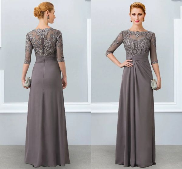 Graues A-Linien-Kleid für die Brautmutter 2022, elegant, mit Juwelenausschnitt, bodenlang, Chiffon, halbe Ärmel, Applikationen, Spitze, Hochzeits-Party-Kleider