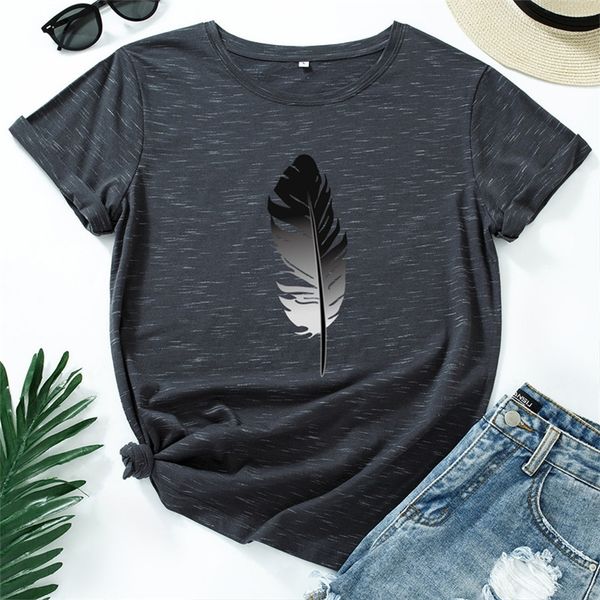 

jcgo women t shirt cotton casual summer feather print ladies regular short sleeves loose fashion female graphic tees shirts 220321, White