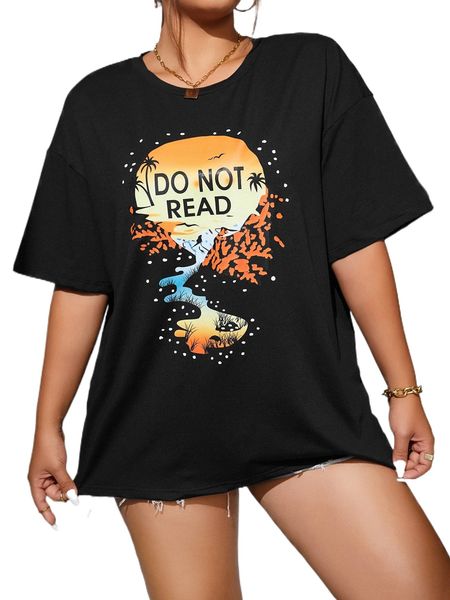

plus slogan & coconut tree print drop shoulder tee t9kf#, Black