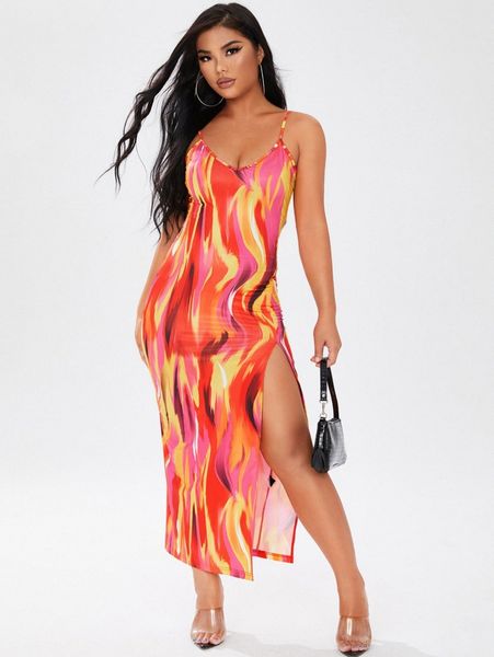 

sxy brush print slit thigh bodycon dress m7ya#, Black;gray