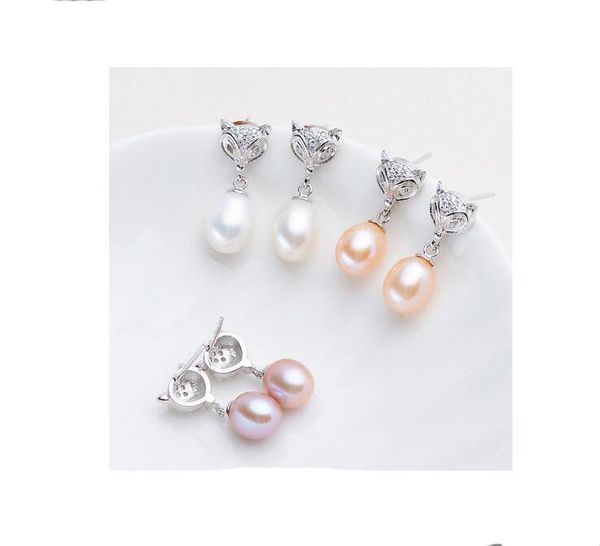 

8-9-10mm crystal fox ear studs dangle & chandelier natural freshwater pearl earrings white purple pink lady/girl fashion jewelry, Golden;silver