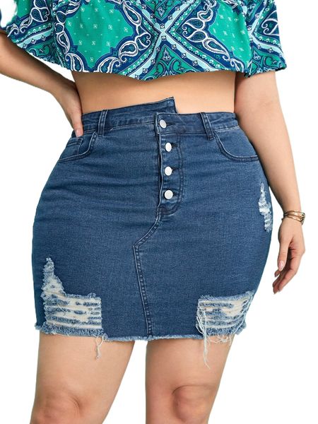 

plus high waist ripped raw trim denim skirt k1zg#, Black