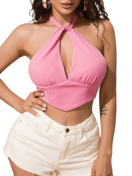 

halter neck twist cut out backless asymmetrical hem crop i9vy#, White