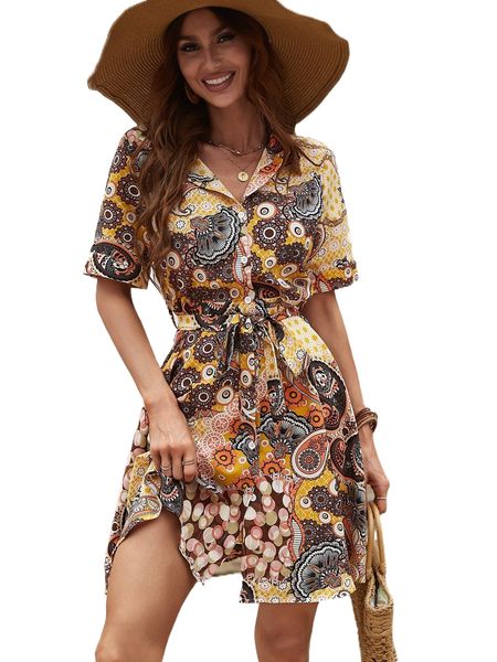 

paisley & floral print belted shirt dress m7i9#, Black;gray