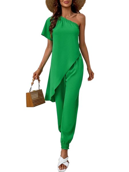 

solid one shoulder & pants set o2ro#, White