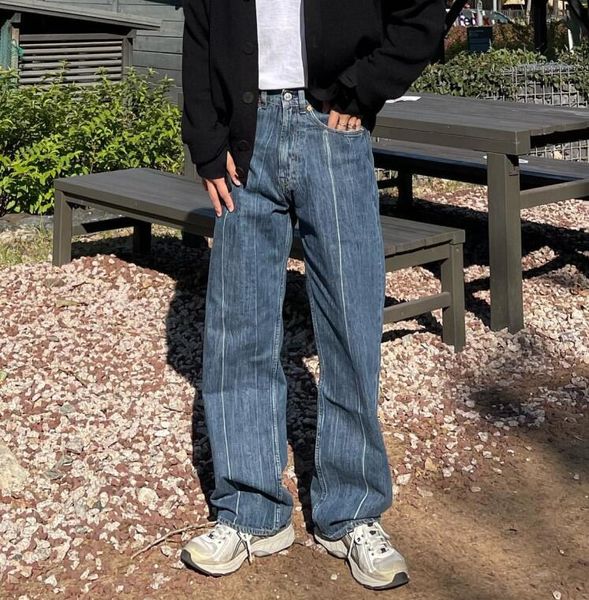 

men washed 55our lega straight jeans casual loose, Blue