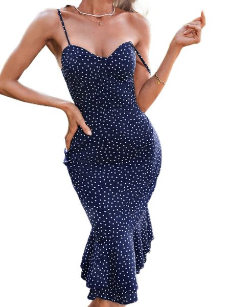 

polka dot ruffle hem cami dress x7is#, Black;gray