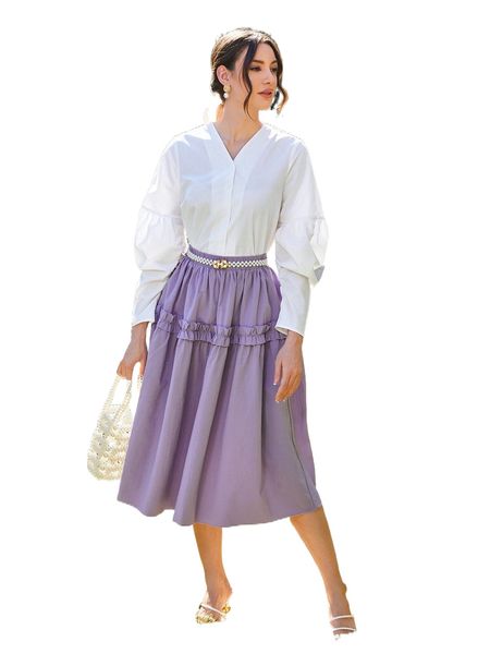 

solid frill detail flare skirt n5ho#, Black