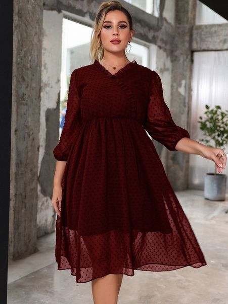 

plus lantern sleeve swiss dot chiffon dress 95wf#, Black