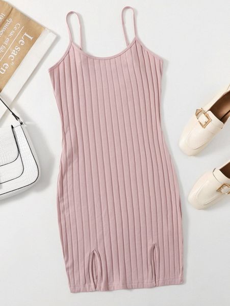 

split hem rib knit dress y7ml#, Black;gray