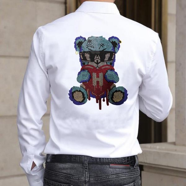 

2022 men shirts casual male new breathable rhinestone men's shirts, White;black