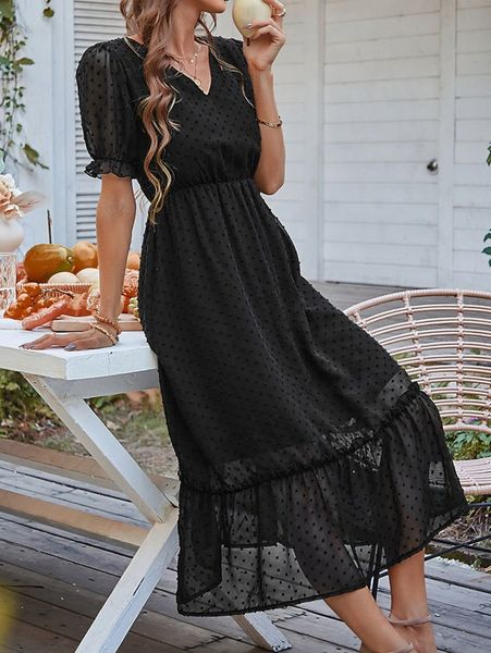 

swiss dot puff sleeve ruffle hem dress f6ls#, Black;gray