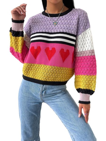

striped & heart pattern drop shoulder sweater l7bb#, White;black