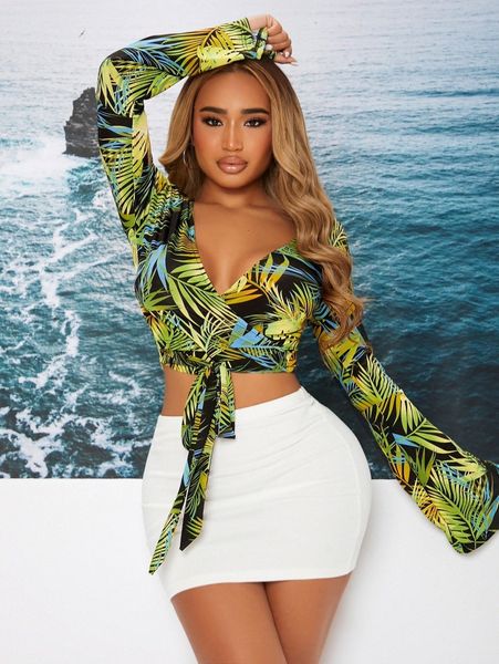 

sxy tropical print trumpet sleeve tie front tee d91r#, White