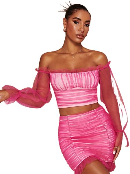 

off shoulder frill trim ruched mesh q7yu#, White