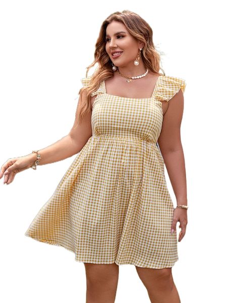 

plus gingham tie backless ruffle detail dress m23h#, Black