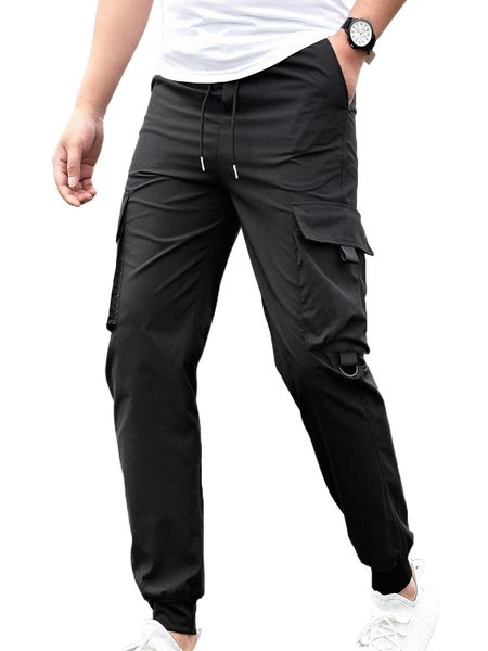 

men solid flap pocket pants d77u#, Black
