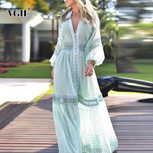 

patchwork lace green dress for women lapel long sleeve high waist hollow out elegant dresses female fashion clothing 210507, Black;gray