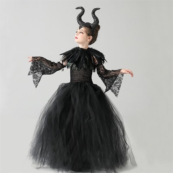 Halloween-Böse Hexe für Mädchen, schwarzes Kleid, Tutu-Kleid mit Federschal, viktorianisches Kostüm für Kinder, dunkle Königin, Bösewicht, Cosplay, 220817