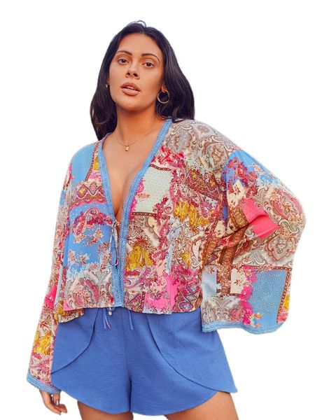 

plus lace trim knot front scarf print kimono q2ib#, Black;gray