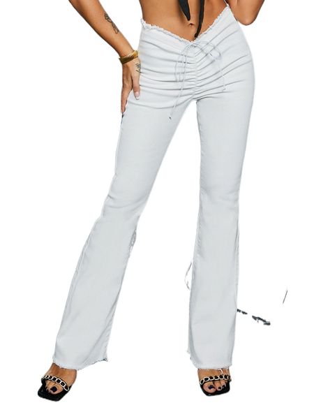 

ruched drawstring knot raw hem jeans w82u#, Blue