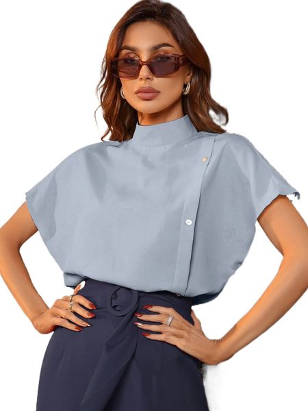 

mock neck batwing sleeve fake button blouse f7si#, White