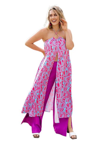 

plus allover print split hem longline halter i29s#, Black