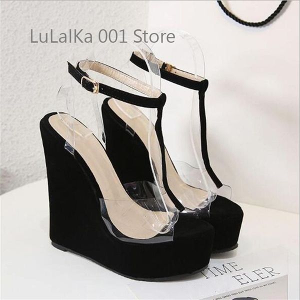 

summer fashion design ankle buckle strap sandals women platform wedges high heels open toe pvc transparent jelly shoes 220406, Black