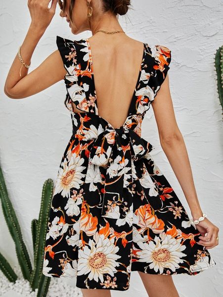 

floral print ruffle sleeve tie back dress r924#, Black;gray