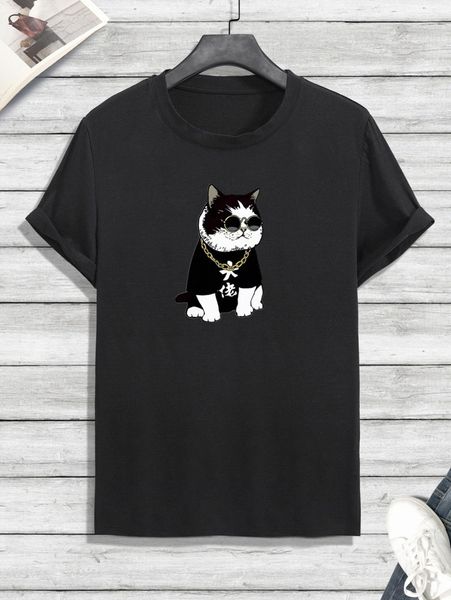 

men chinese letter & cat print tee a8gr#, White;black