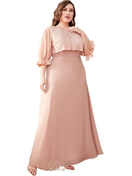 

plus flounce sleeve crop lace & chiffon dress c3cq#, Black