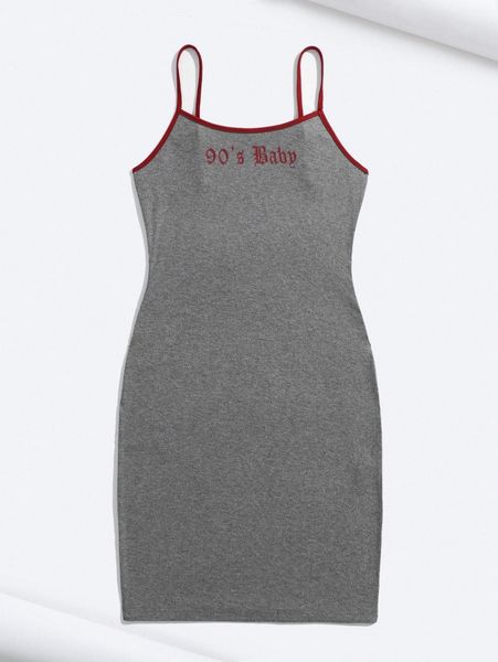 

x tay mills letter graphic contrast binding cami dress g2ge#, Black;gray