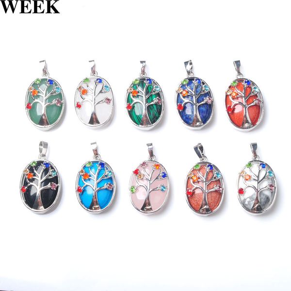 

cute egg shaped pendant the tree of life crystal inlaid natural stone jewelry making for women necklace be914, Silver
