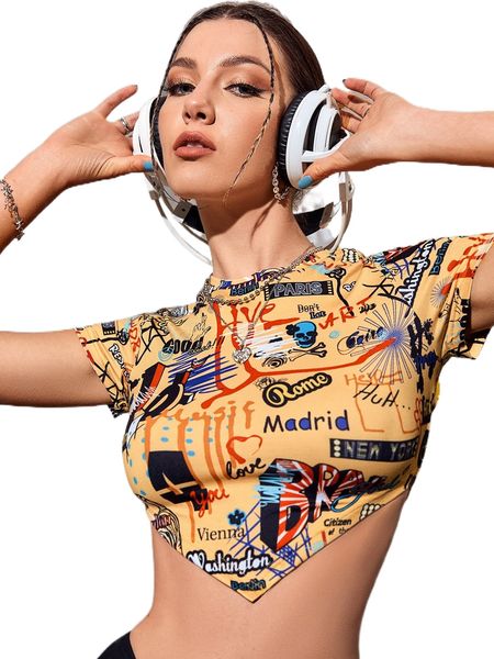 

graffiti print bandana hem tie back crop tee c0yo#, White