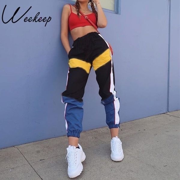 

weekeep women high waist patchwork pants black pencil pants streetwear cargo pants loose jogger trouser sweatpants y200113, Black;white