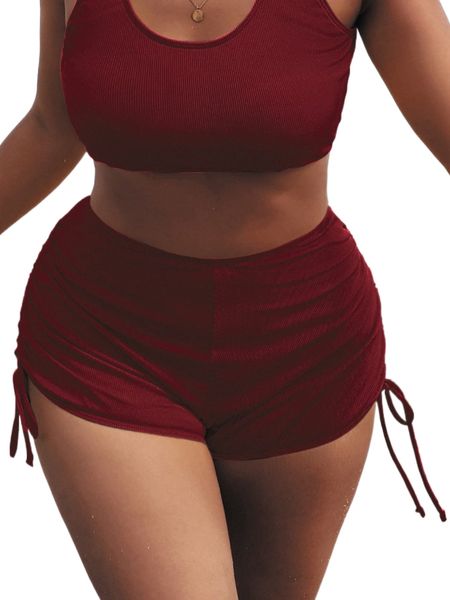 

plus rib drawstring side bikini bottom g8s2#, Black