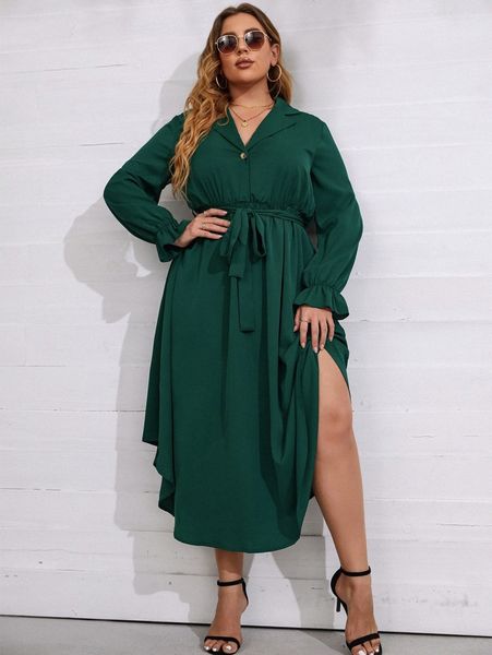 

plus flounce sleeve curved hem belted dress d6sd#, Black