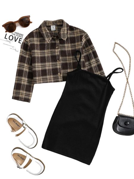 

toddler girls plaid print blouse & cami dress 4566#, Black;white