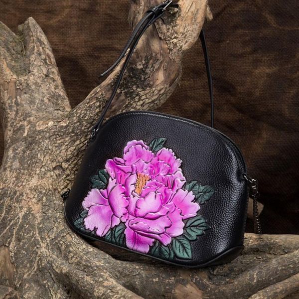 Borse da sera Messenger Borsa a tracolla da donna Mini peonia Motivo floreale Borsa a conchiglia a tracolla in vera pelle stile vintage di alta qualitàSera