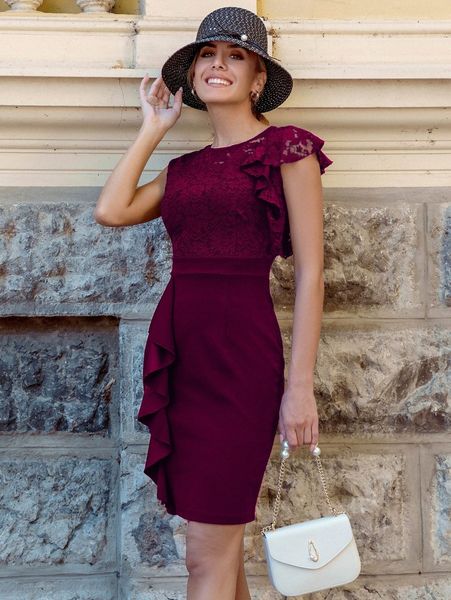 

miusol ruffle trim lace bodice fitted dress 73rt#, Black;gray