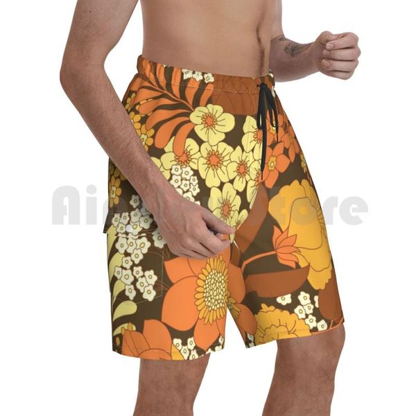 Herren Shorts Braun Gelb Orange Elfenbein Retro Blumen Strand Herren Hose Bademode VintageHerren