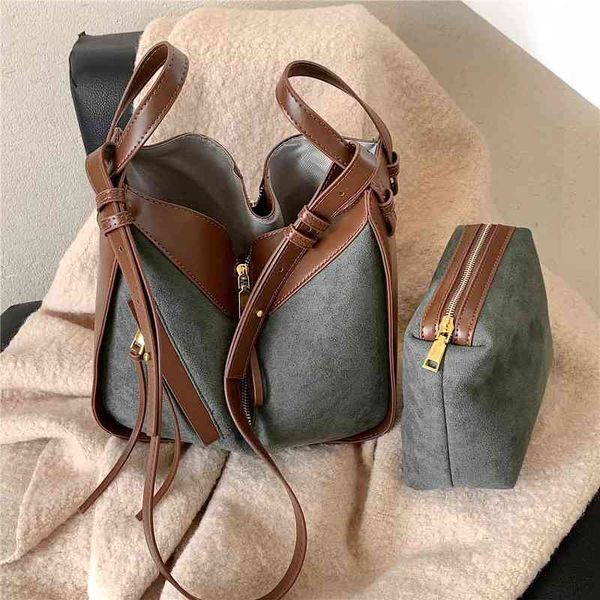 

vintage suede bucket shoulder crossbody messenger bags for women 20222 pcs/set brand designer luxury tote ladies handbags purse g220509