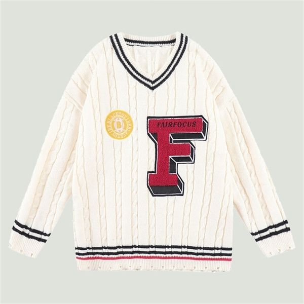 

high street colorblock v-neck knitted sweater men harajuku letter embroidery hole jumper oversized casual cotton pullover 220813, White;black
