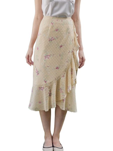 

simple retro floral print swiss dot ruffle trim wrap skirt x91i#, Black