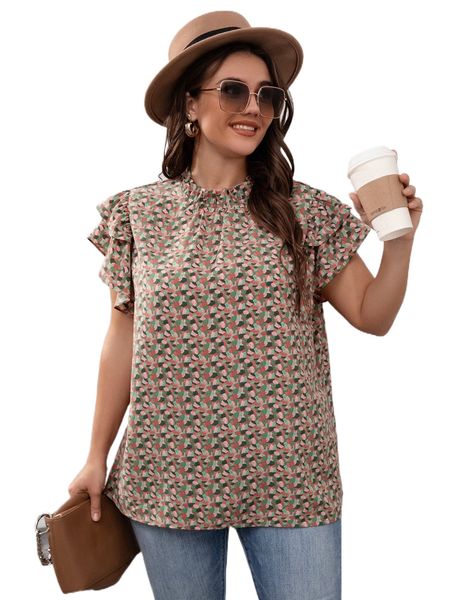 

plus allover print layer sleeve frilled neck blouse c00e#, Black